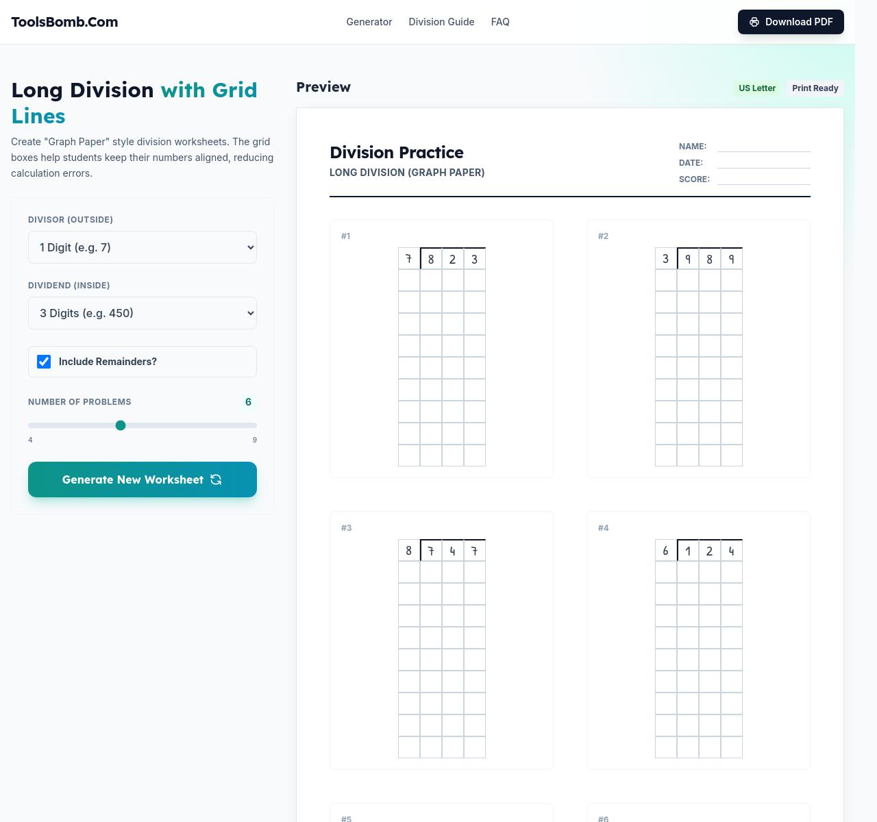 Long Division with Grid Lines Long division with grid lines worksheet showing step-by-step division problems for students.