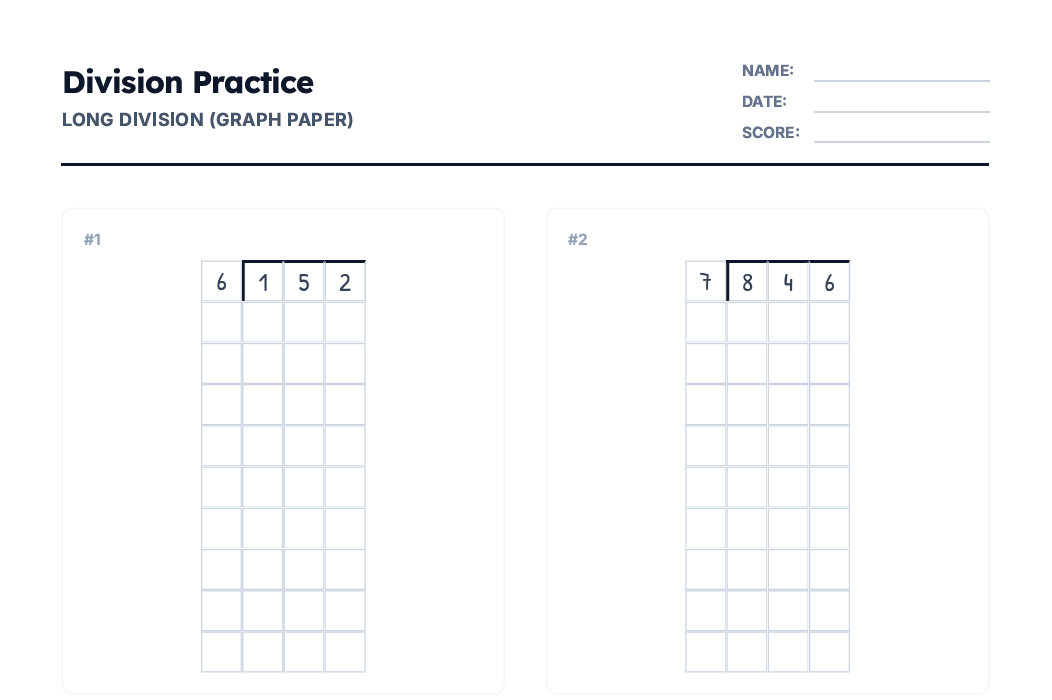 Long division with grid lines worksheet showing step-by-step division problems for students.